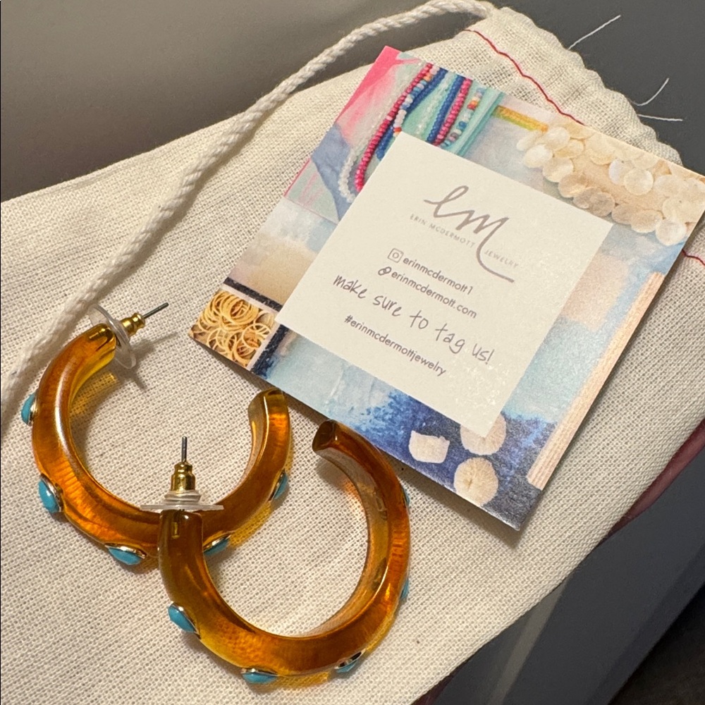 Erin McDermott Sundance Amber Resin and Turquoise Hoop Earrings NEW